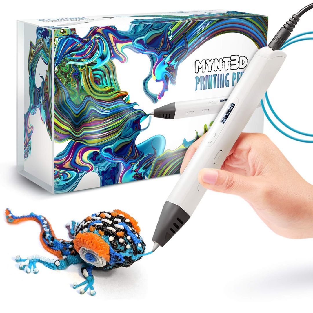 3D printing pen being used to create a colorful 3D object with a box labeled 'MYNT3D' in the background.