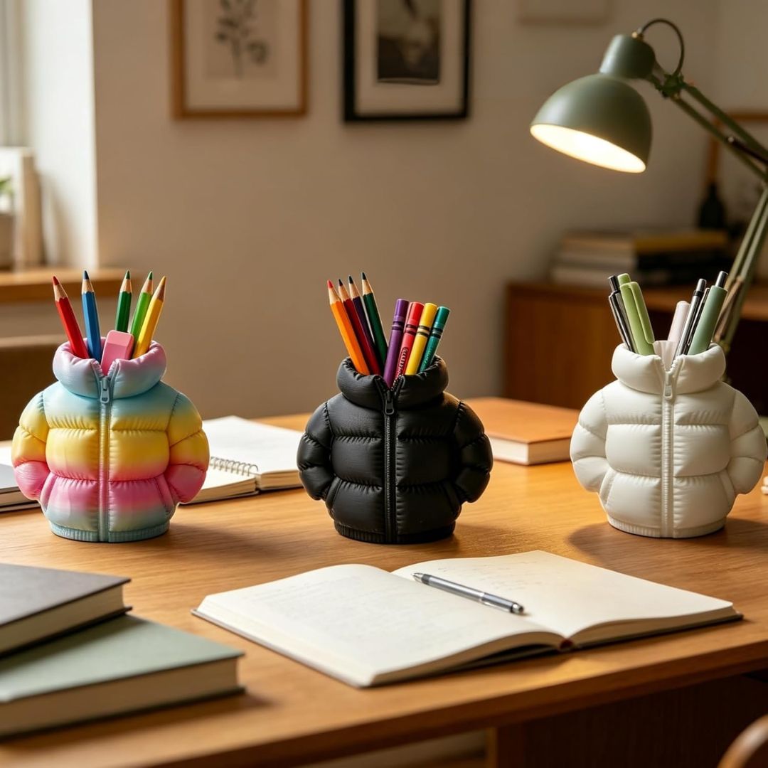 Three puffer jacket-shaped pencil holders in pastel rainbow, black, and white, filled with colored pencils, arranged on a wooden desk in a cozy room setting with a lamp, notebooks, and framed wall art.