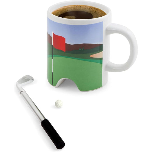 Golf-themed mug with a golf club and ball on a white background