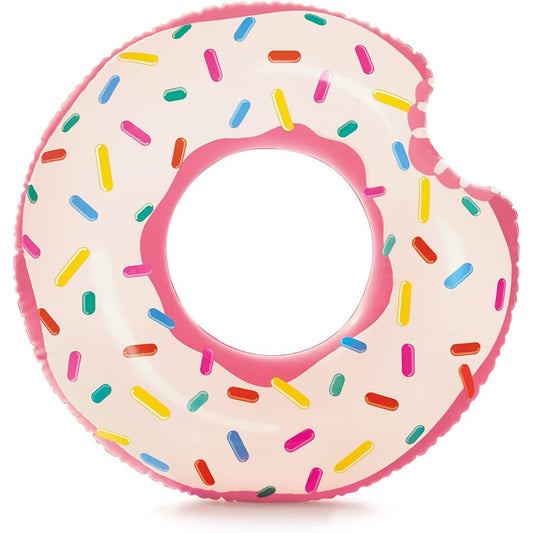Inflatable donut pool float with colorful sprinkles on a white background