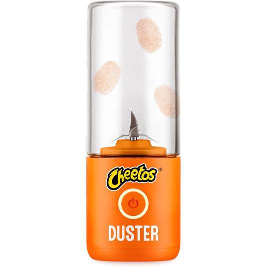 An orange Cheetos-branded portable duster device with a clear cylindrical container showing beige footprints inside, set against a plain white background.