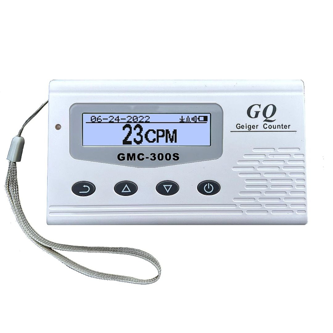 A white handheld Geiger counter device labeled GMC-300S with a wrist strap, digital LCD display, four control buttons, and the GO Geiger Counter branding on a plain white background.