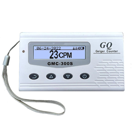 A white handheld Geiger counter device labeled GMC-300S with a wrist strap, digital LCD display, four control buttons, and the GO Geiger Counter branding on a plain white background.