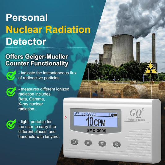 Personal nuclear radiation geiger detector with a background of a nuclear power plant.