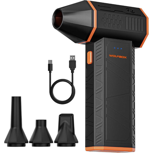 Black and orange rechargeable electric air duster with attachments and USB cable on a white background