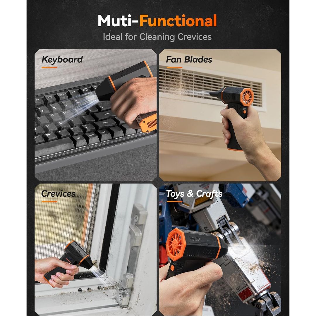 A promotional graphic for a multi-functional cordless crevice air duster cleaner, showing four usage examples: cleaning a keyboard, fan blades, window crevices, and toys/crafts. The product is a handheld nozzle-style cleaner with a black body and orange accents, set against a dark background with the headline 'Muti-Functional Ideal for Cleaning Crevices'.