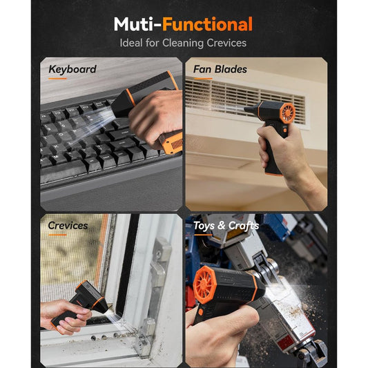 A promotional graphic for a multi-functional cordless crevice air duster cleaner, showing four usage examples: cleaning a keyboard, fan blades, window crevices, and toys/crafts. The product is a handheld nozzle-style cleaner with a black body and orange accents, set against a dark background with the headline 'Muti-Functional Ideal for Cleaning Crevices'.