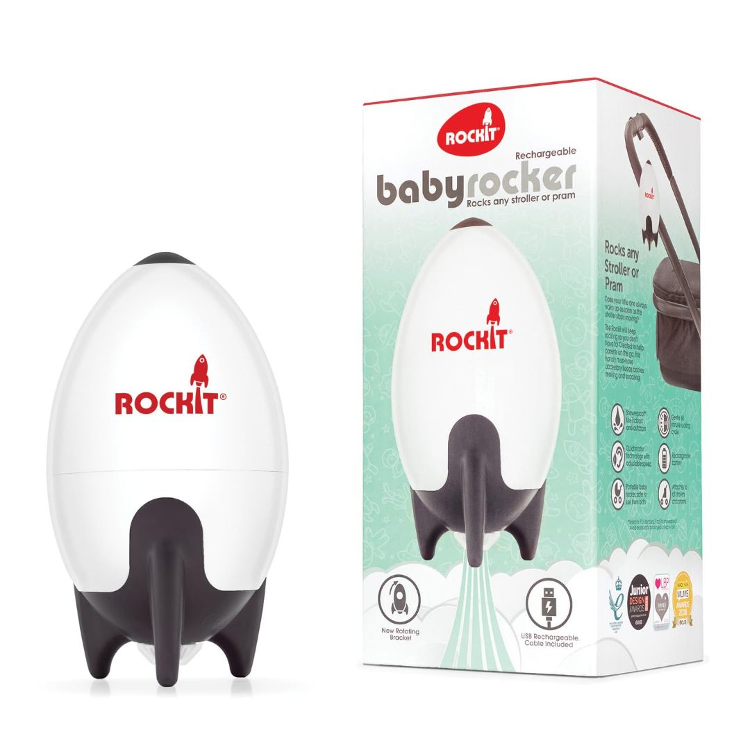 Rockit rechargeable pram rocker beside retail box, featuring adjustable rocking speed and 60-minute timer