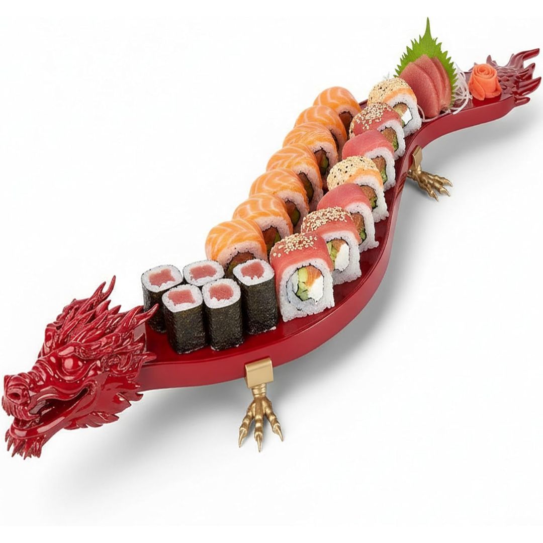 A red dragon-shaped serving platter filled with assorted sushi rolls, photographed on a clean white background. The platter has a dragon head at one end, claw feet at the other, and small gold supports underneath.
