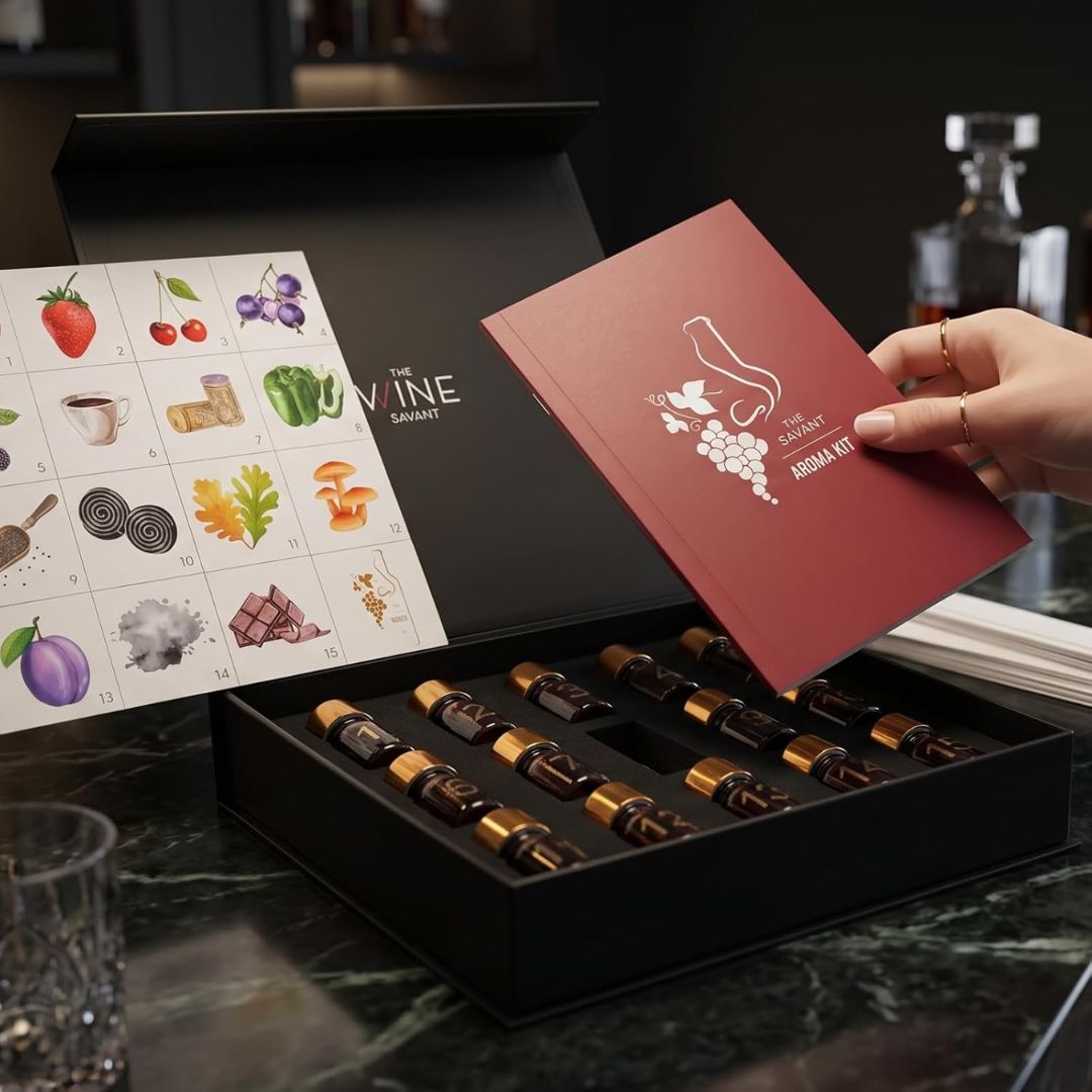 Open red wine aroma training kit with numbered scent bottles, an illustrated aroma chart and a hand holding the guidebook.