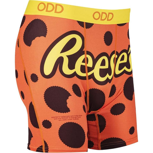 A side view of a pair of Reese's peanut butter cup boxer briefs on a white background.