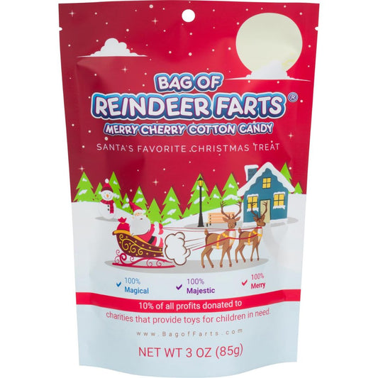 Bag of Reindeer Farts Christmas-themed cherry cotton candy with Santa Claus and reindeer illustration.