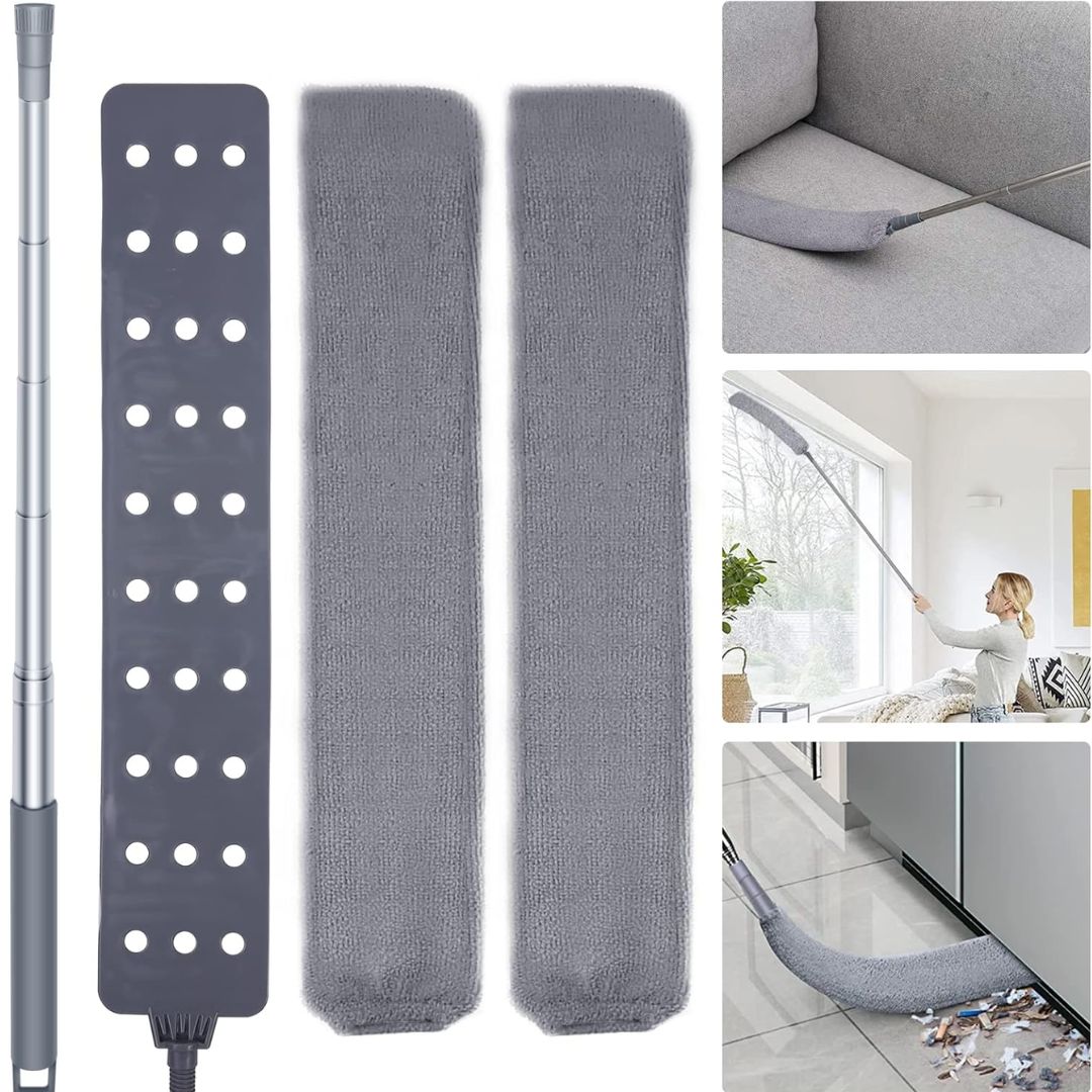 Retractable flat microfiber duster with extendable handle, replacement covers and examples of cleaning furniture, windows and appliance gaps