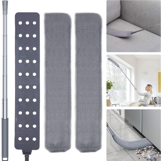 Retractable flat microfiber duster with extendable handle, replacement covers and examples of cleaning furniture, windows and appliance gaps