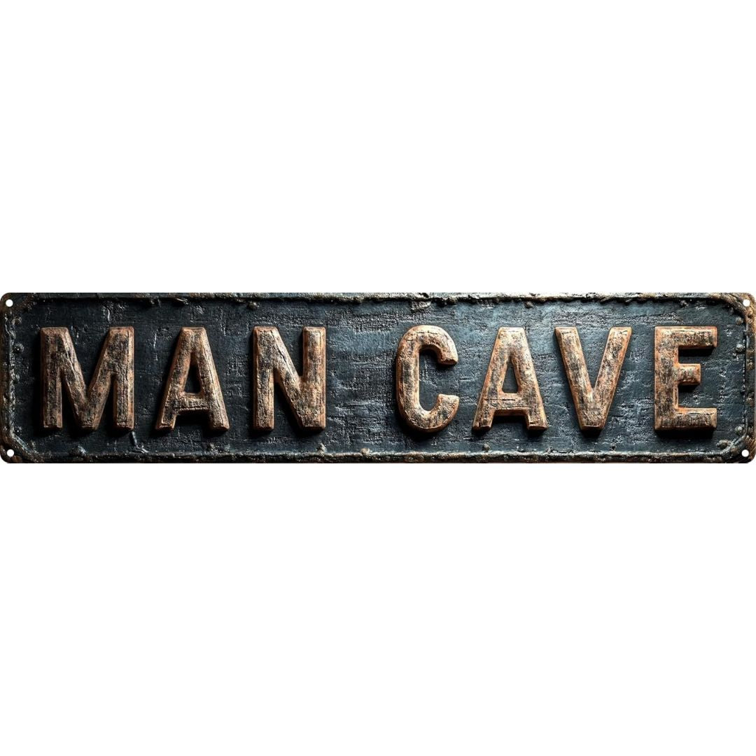 Metal sign with 'MAN CAVE' text on a white background