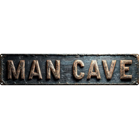 Metal sign with 'MAN CAVE' text on a white background