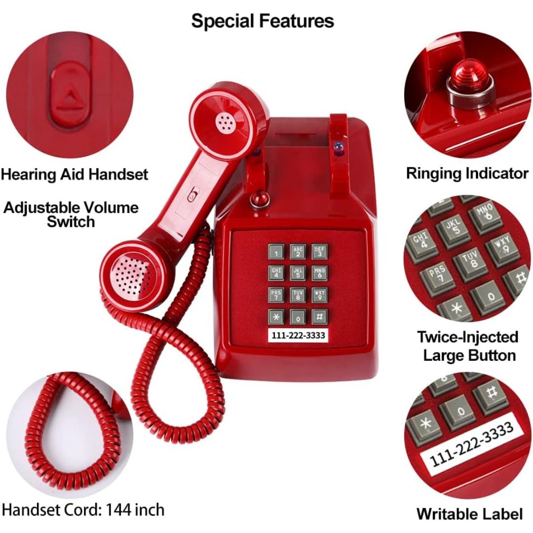 Red retro-style landline telephone with coiled handset cord, shown on a white background with feature callouts and circular close-up insets labeled Hearing Aid Handset, Adjustable Volume Switch, Ringing Indicator, Twice-Injected Large Button, Handset Cord: 144 inch, and Writable Label.