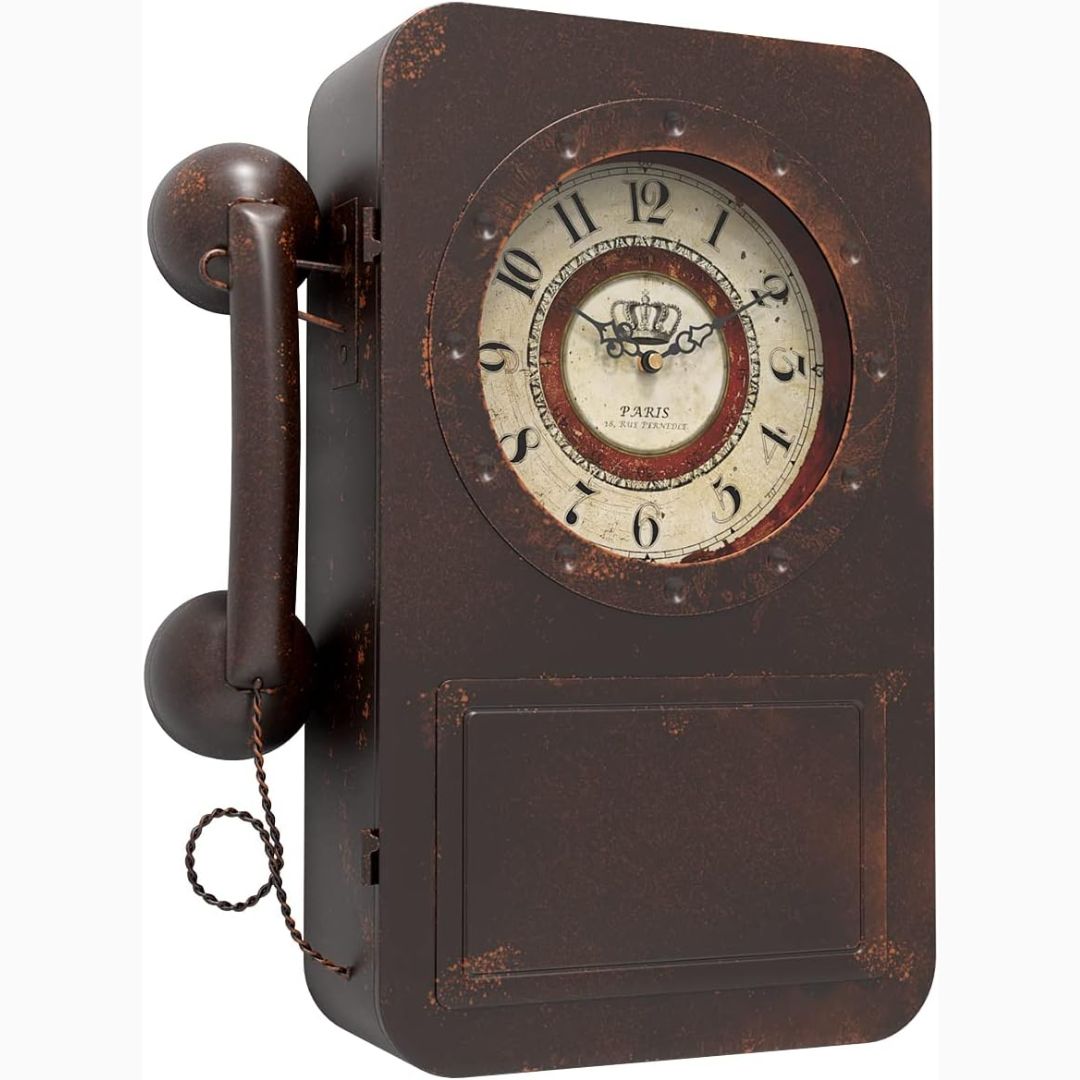 A vintage looking retro wall clock telephone.