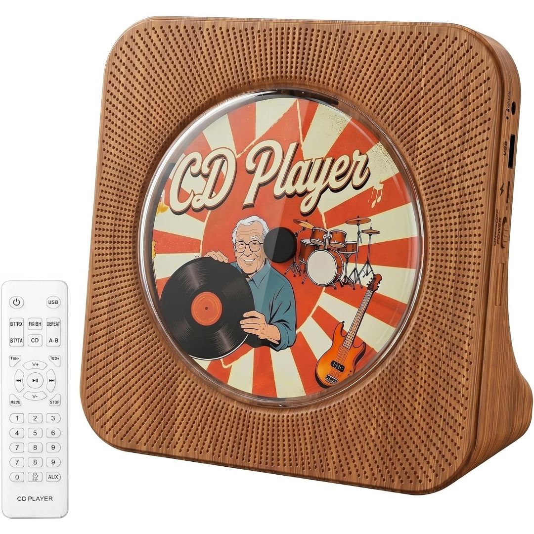 Gueray wood grain desktop CD player with built-in speaker and white remote control