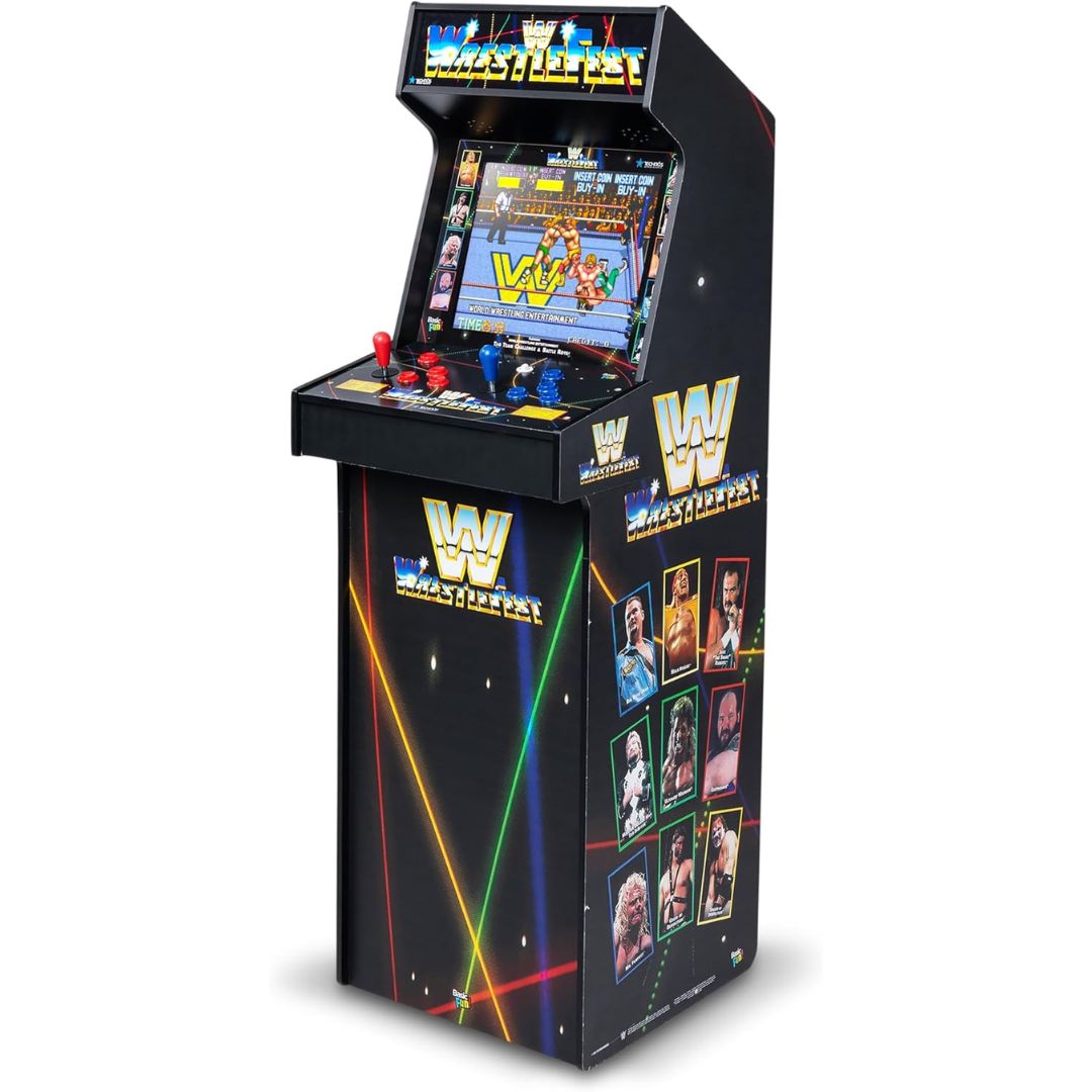 A retro wrestling arcade gaming machine on a white background