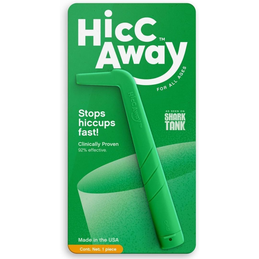 Hiccay Away hiccup stopper in its green retail packaging, featuring a bright green L-shaped tool with diagonal grooves and white text on a green card.