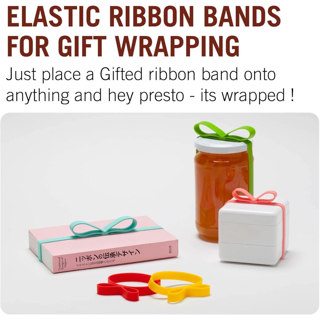 Elastic silicone ribbon bands for gift wrapping shown with example wrapped items including a pink gift box, a jar of honey with a green band, and a small white box with a pink band. The image includes text explaining how to use the bands.