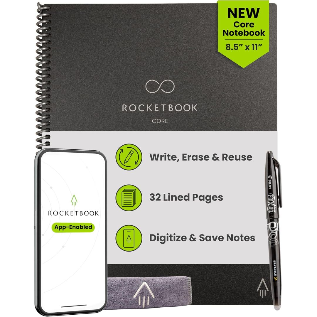 Rocketbook Core spiral reusable notebook shown with a smartphone app screen, a black pen, and a small cloth on a clean white background. The notebook cover is dark gray with a white band and bright green feature icons and a 'NEW Core Notebook 8.