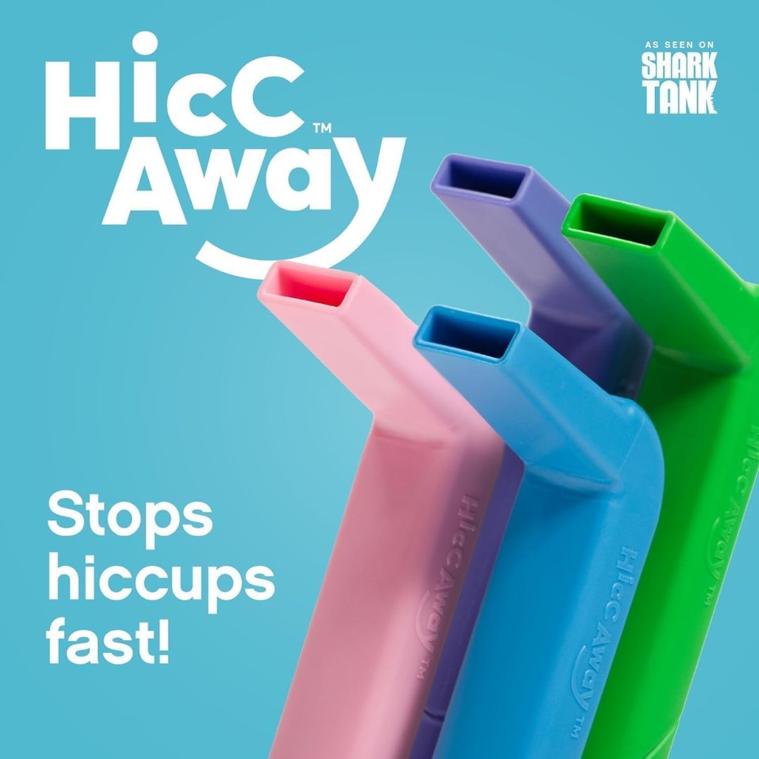 Three colorful hiccup stoppers with 'HicC Away' branding on a blue background.