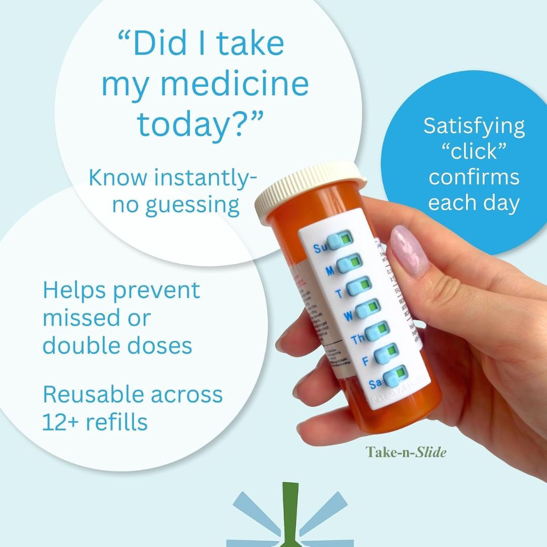 A hand holds an orange pill bottle with a white Take-n-Slide diabetes test strip attached, surrounded by marketing text bubbles on a pale blue background.