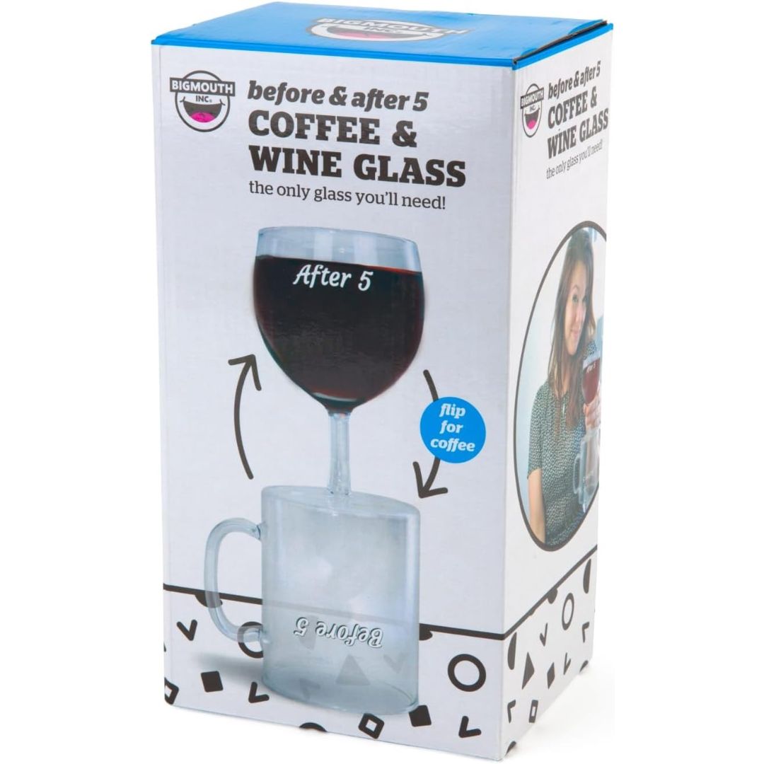 A boxed novelty reversible coffee and wine glass set by BigMouth. The retail box is white and blue, showing a printed illustration of a clear reversible wine glass on one side and a glass coffee mug on the other side, shown filled with dark red wine on top and empty below, plus text reading 'before & after 5 COFFEE & WINE GLASS'.