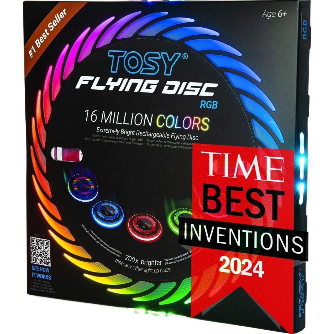 TOSY Flying Disc RGB product box shown at a slight angle, featuring a black background with a large circular graphic of rainbow-colored flying discs and promotional text including '16 MILLION COLORS', 'RGB', and a red 'TIME BEST INVENTIONS 2024' badge.