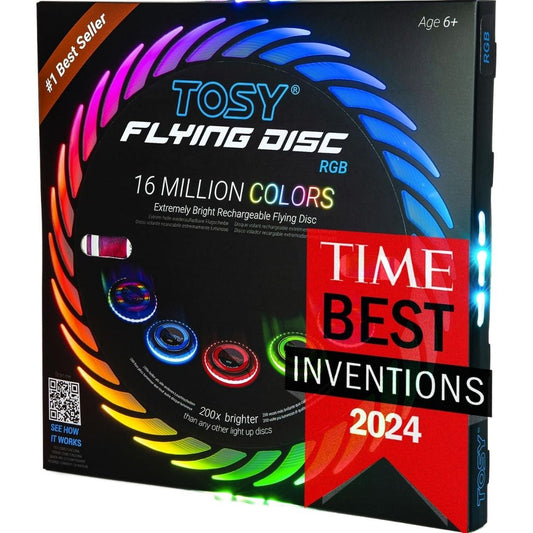 TOSY Flying Disc RGB product box shown at a slight angle, featuring a black background with a large circular graphic of rainbow-colored flying discs and promotional text including '16 MILLION COLORS', 'RGB', and a red 'TIME BEST INVENTIONS 2024' badge.