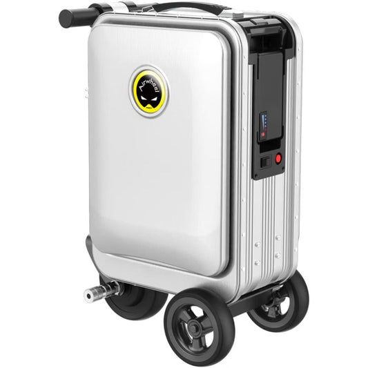 Silver rideable motorised carry-on suitcase with wheels on a white background