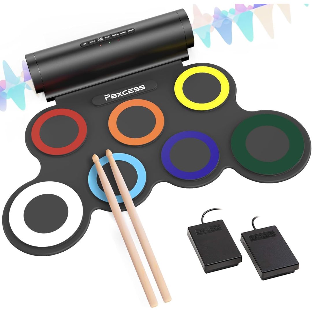 Roll up electronic portable drum set with sticks and foot pedals.
