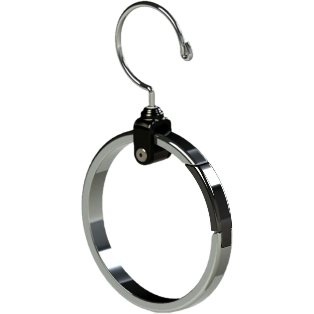 A silver metal rotating closet ring organizer with a black plastic locking clamp and a curved hook at the top, shown on a plain white background.