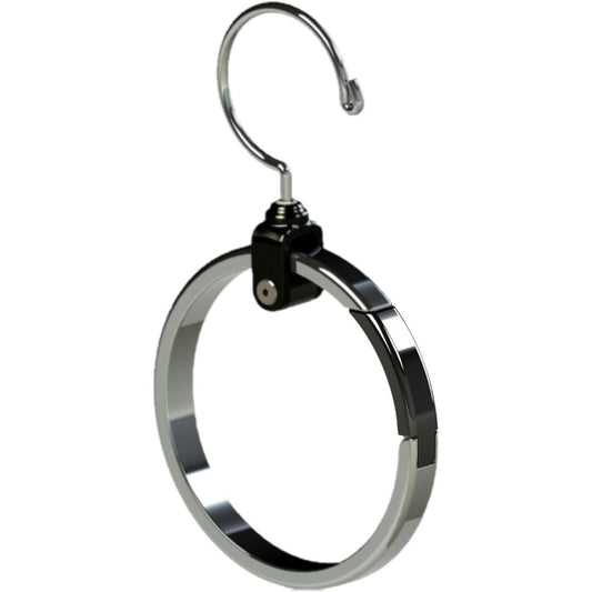 A silver metal rotating closet ring organizer with a black plastic locking clamp and a curved hook at the top, shown on a plain white background.