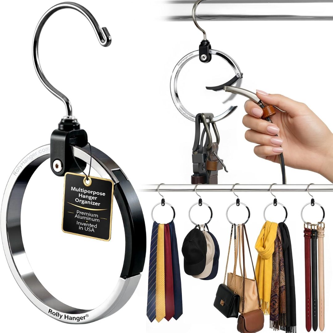 A silver and black ring-shaped hanging organizer hook shown on a white background, with a hand demonstrating its use to hang accessories. The image includes a close-up of the hook and a smaller demonstration scene showing neckties, a cap, bags, and scarves hanging from the ring system.