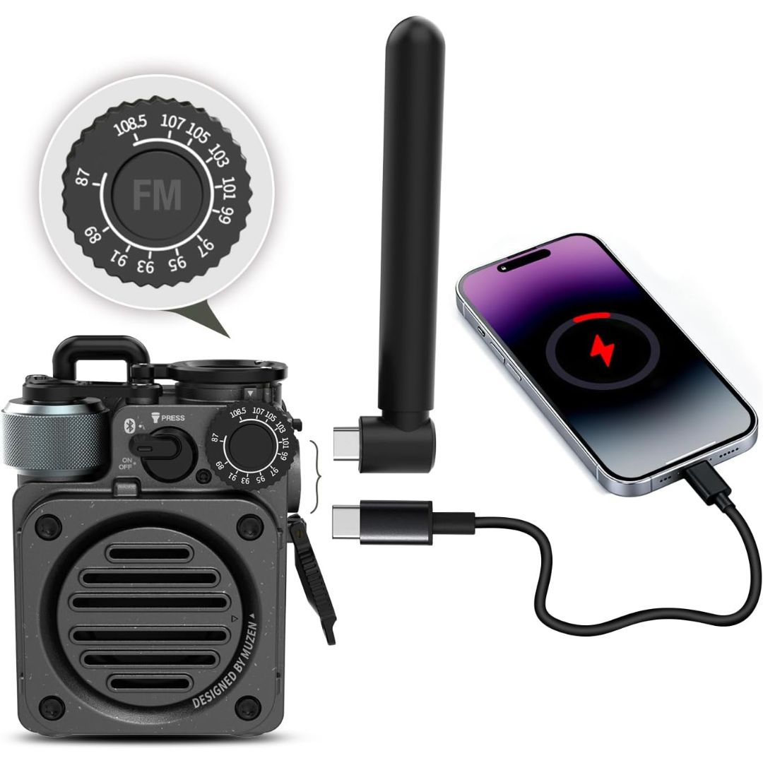 Rugged mini Bluetooth speaker with FM radio, detachable antenna and USB-C emergency phone charging cable
