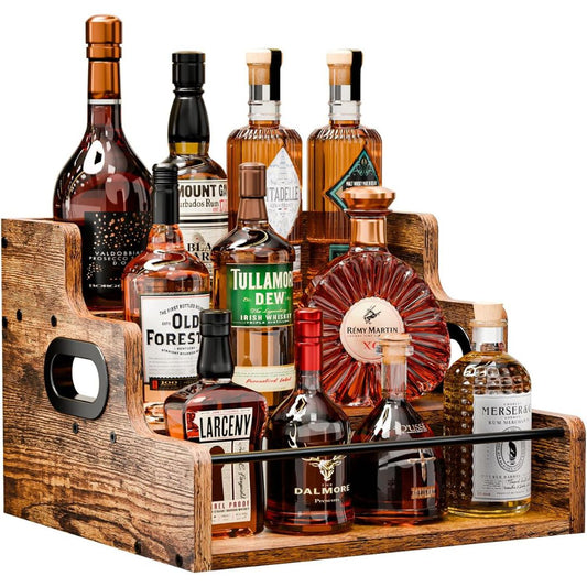 Collection of whiskey bottles in a wooden liquor display shelf on a white background