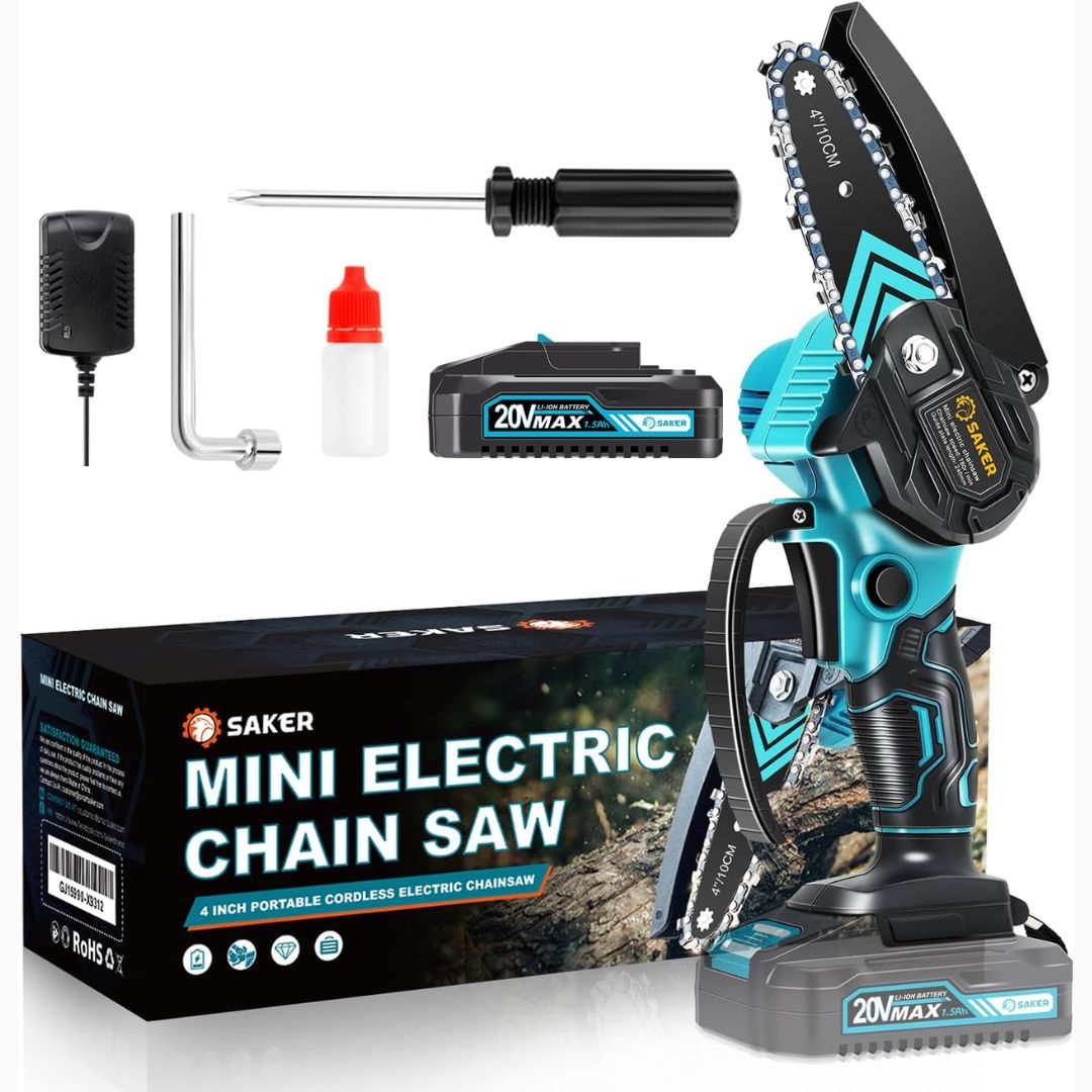 A mini electric chain saw with accessories on a white background.