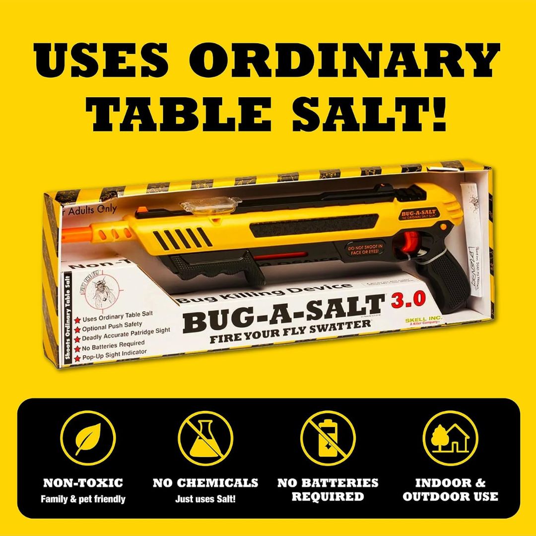 Bug-A-Salt 3.0 firefly swatter packaging on a yellow background with text highlighting features.