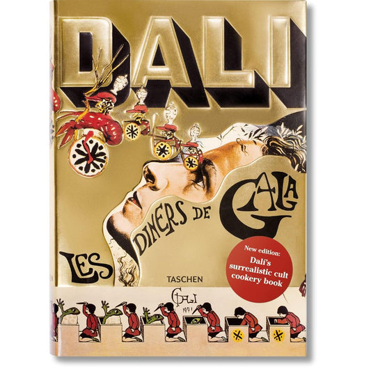 Dalí Les dîners de Gala surrealist cookbook with gold cover artwork and illustrated design