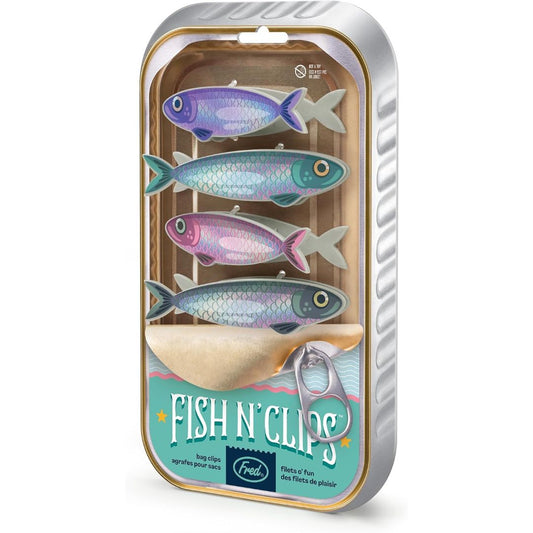Set of 4 fish-shaped bag clips in sardine tin-style packaging for sealing snack bags and food storage bags