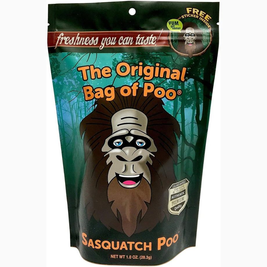 Green novelty Bag of Poo package featuring a cartoon Sasquatch and containing black cherry cotton candy