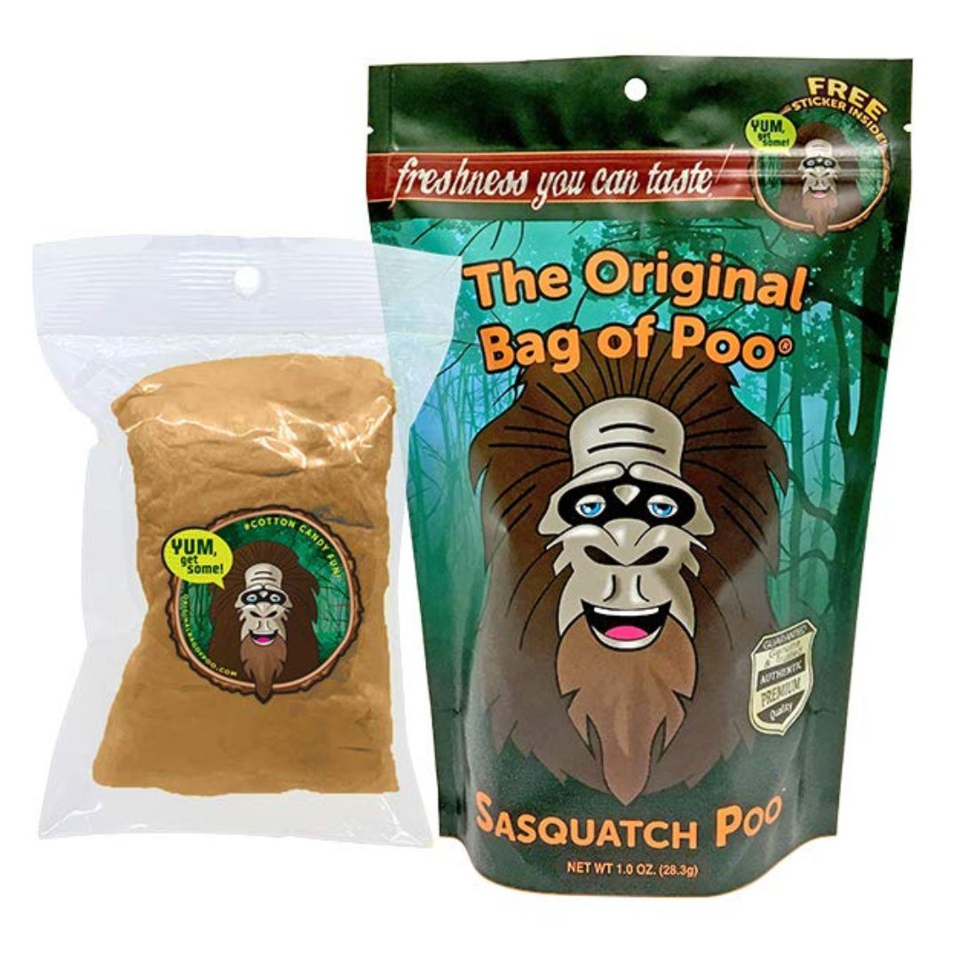 Sasquatch Poo product packaging with cartoon Sasquatch design on a white background