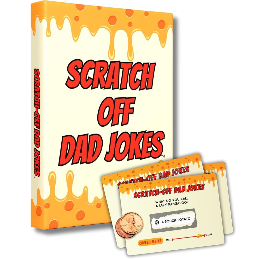 Scratch-off dad jokes game with box and cards on a white background
