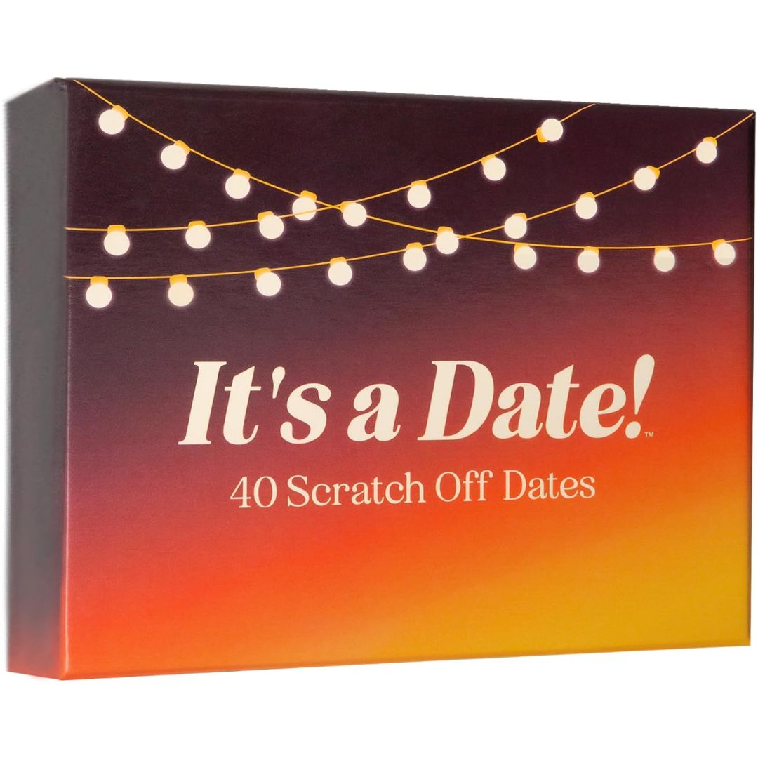 A couples date night game with 40 scratch off cards called, 'Its a Date' on a white background.
