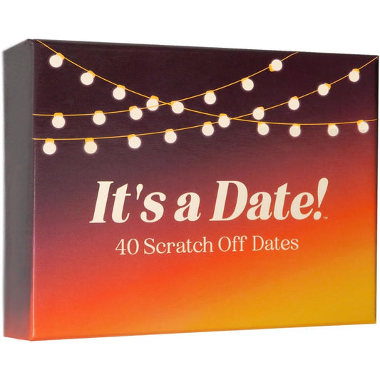 A couples date night game with 40 scratch off cards called, 'Its a Date' on a white background.