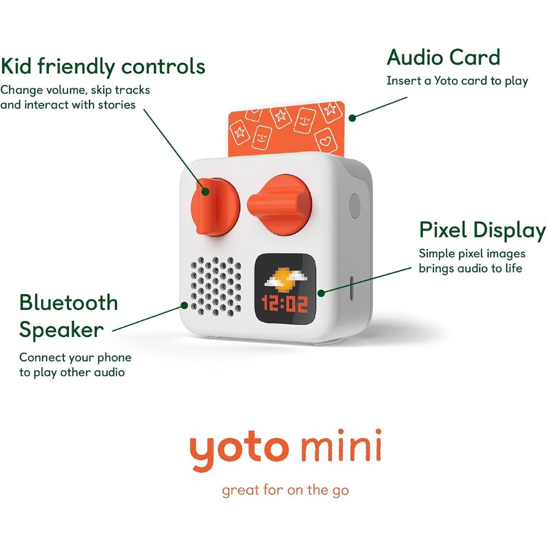 White Yoto Mini educational toy with orange accents, shown with callout labels pointing to Kid friendly controls, Audio Card, Bluetooth Speaker, and Pixel Display, on a white background.