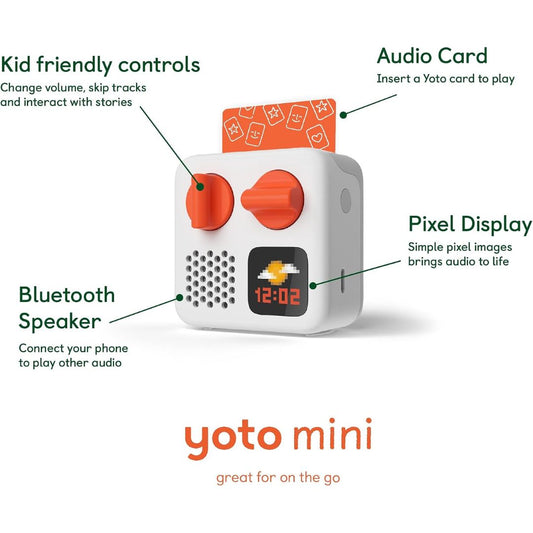 White Yoto Mini educational toy with orange accents, shown with callout labels pointing to Kid friendly controls, Audio Card, Bluetooth Speaker, and Pixel Display, on a white background.